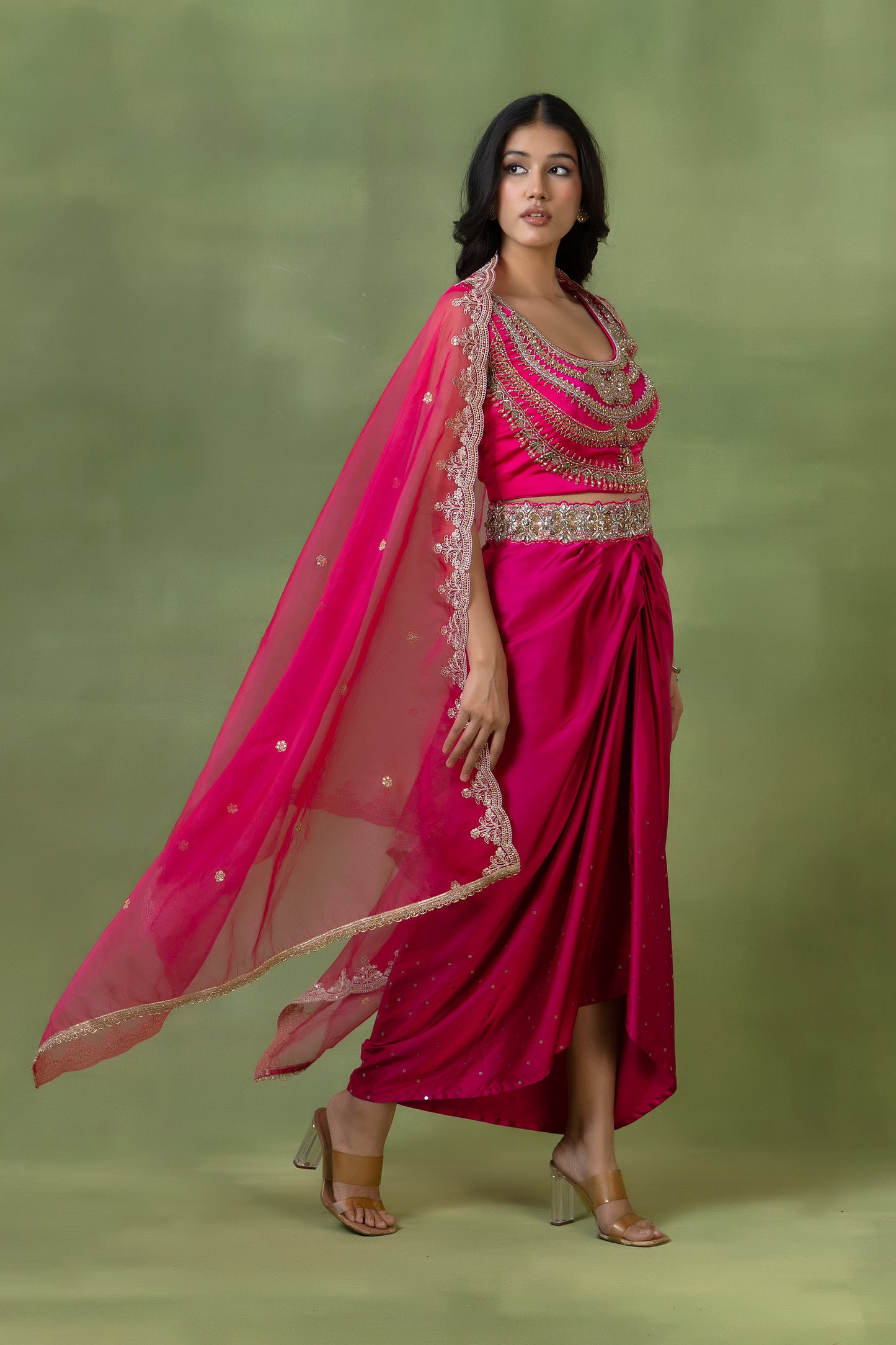 Fluorescent Pink Satin Silk Hand-Embellished Skirt Set with Dupatta