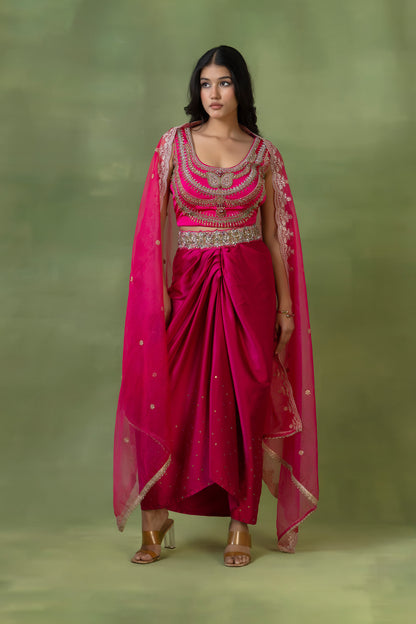 Fluorescent Pink Satin Silk Hand-Embellished Skirt Set with Dupatta