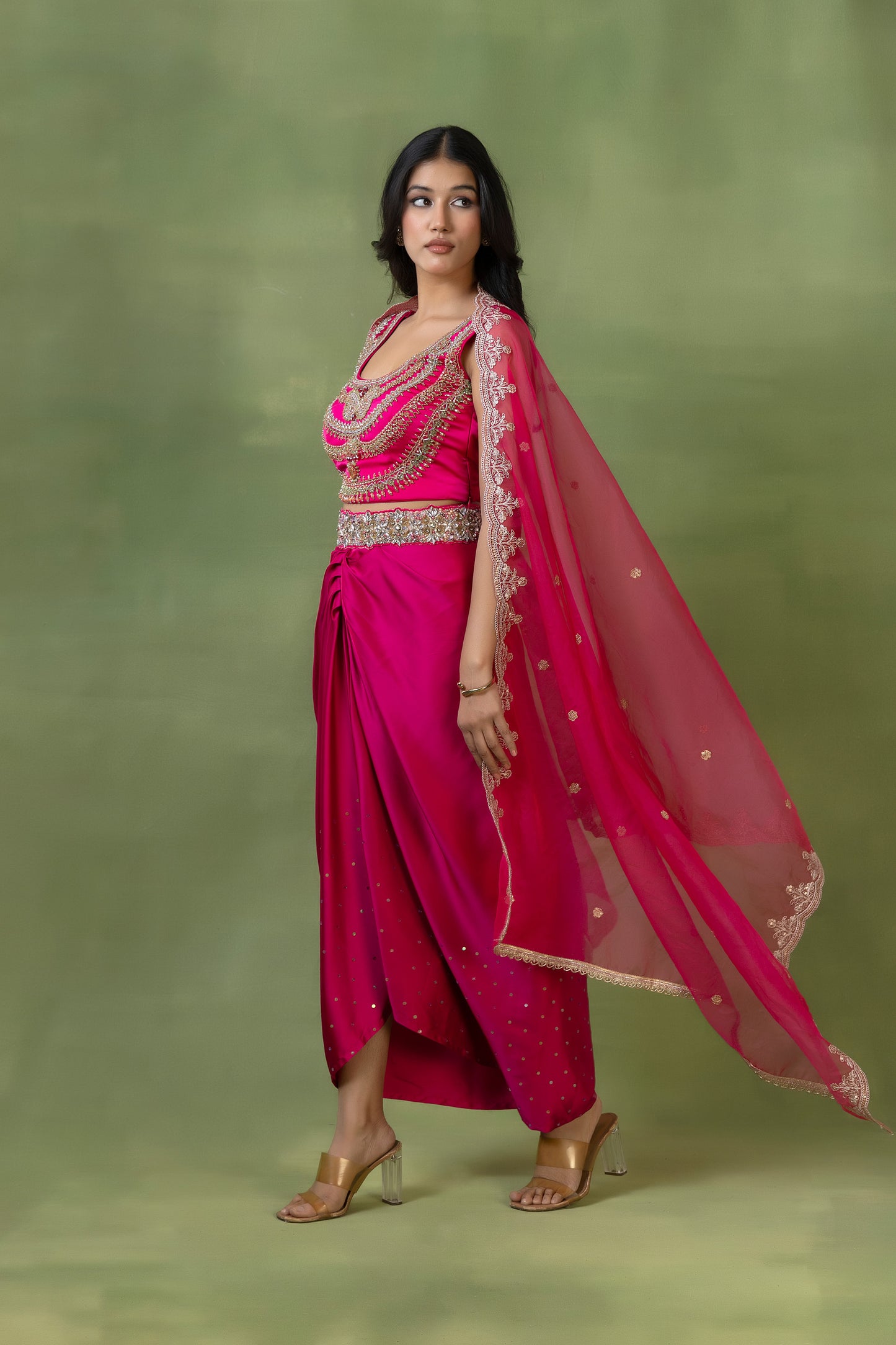 Fluorescent Pink Satin Silk Hand-Embellished Skirt Set with Dupatta