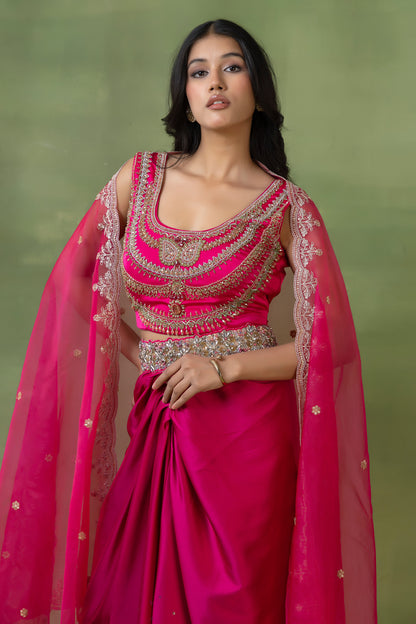 Fluorescent Pink Satin Silk Hand-Embellished Skirt Set with Dupatta