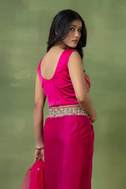 Fluorescent Pink Satin Silk Hand-Embellished Skirt Set with Dupatta