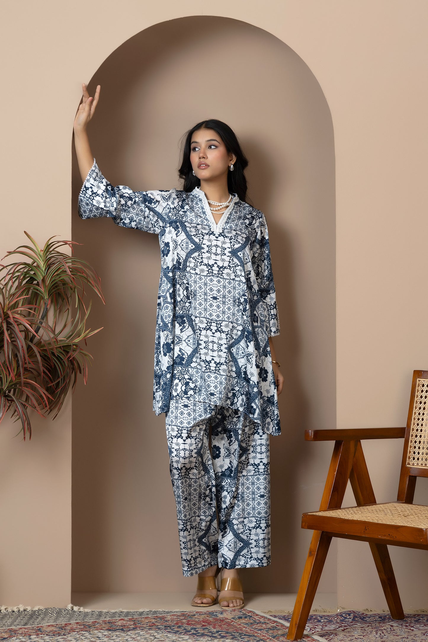 Ivory Indigo Satin Silk Coord Set