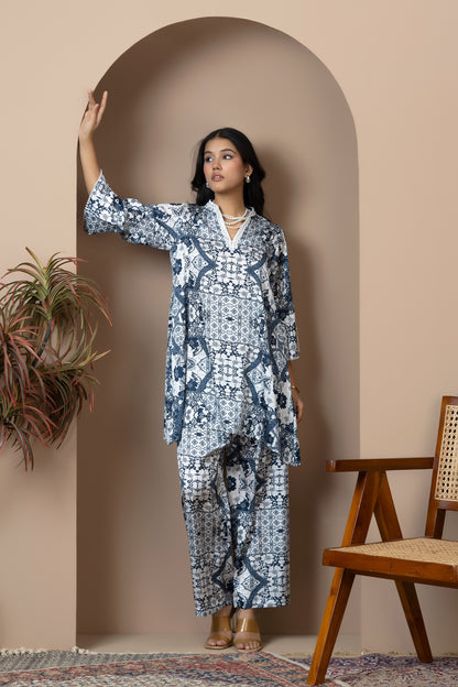 Ivory Indigo Satin Silk Coord Set
