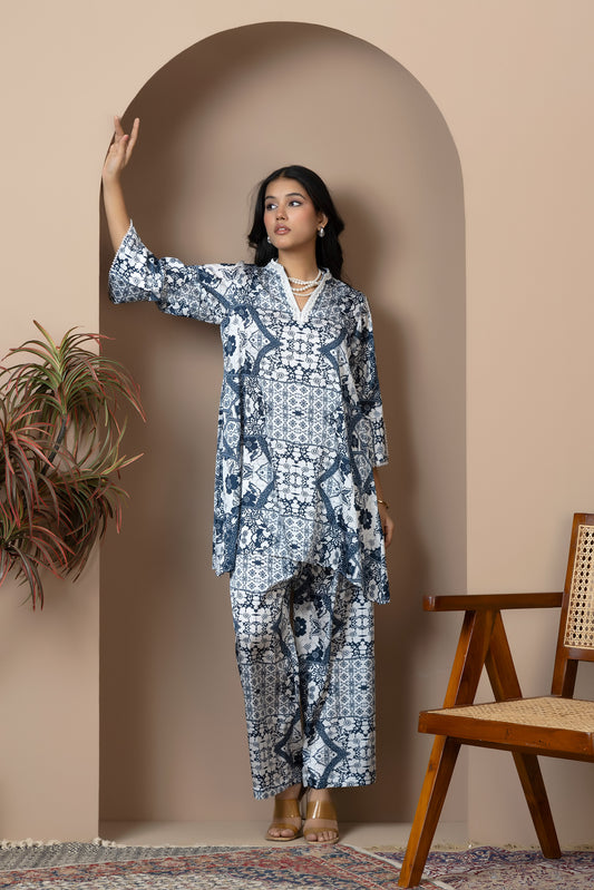 Ivory Indigo Satin Silk Coord Set