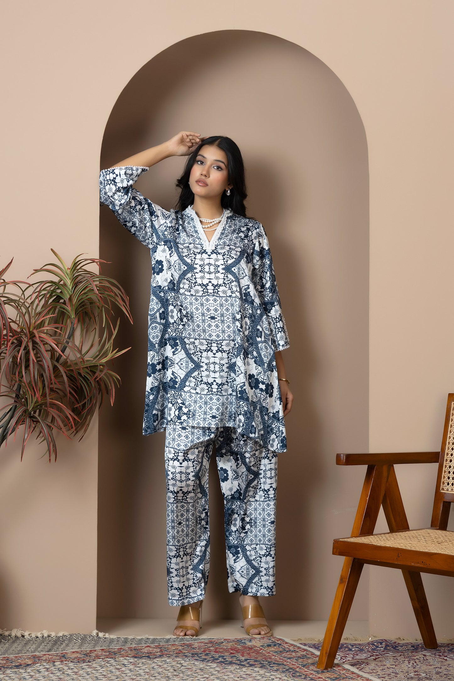 Ivory Indigo Satin Silk Coord Set
