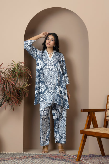 Ivory Indigo Satin Silk Coord Set