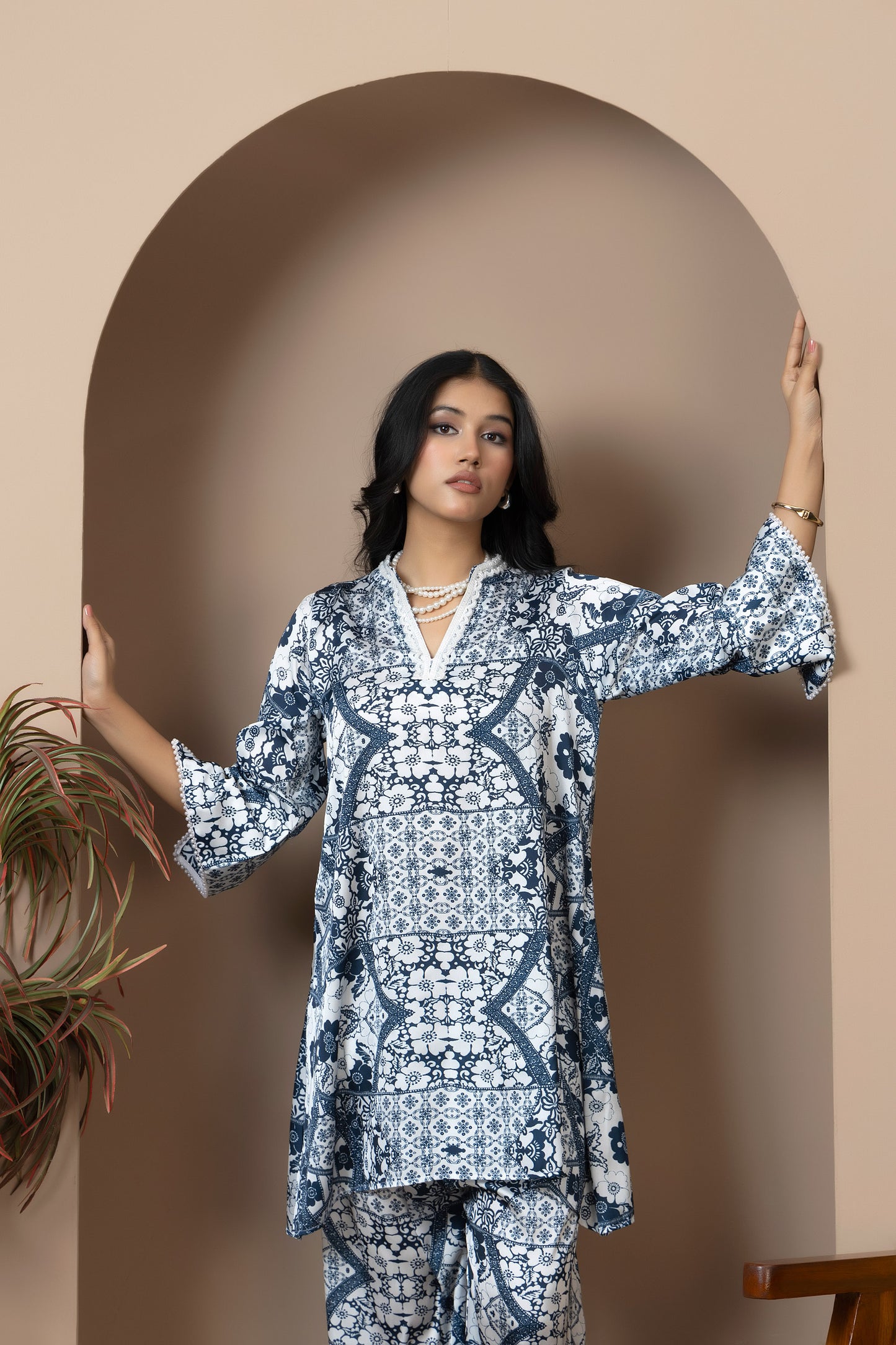 Ivory Indigo Satin Silk Coord Set