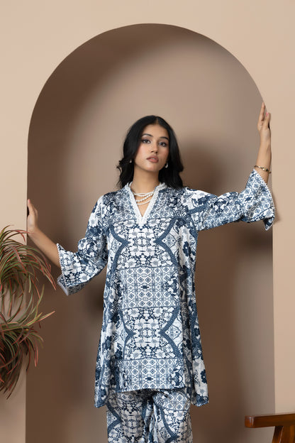 Ivory Indigo Satin Silk Coord Set