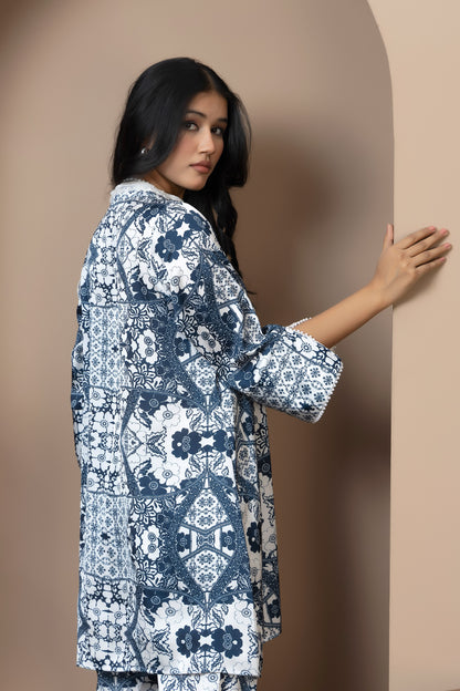 Ivory Indigo Satin Silk Coord Set