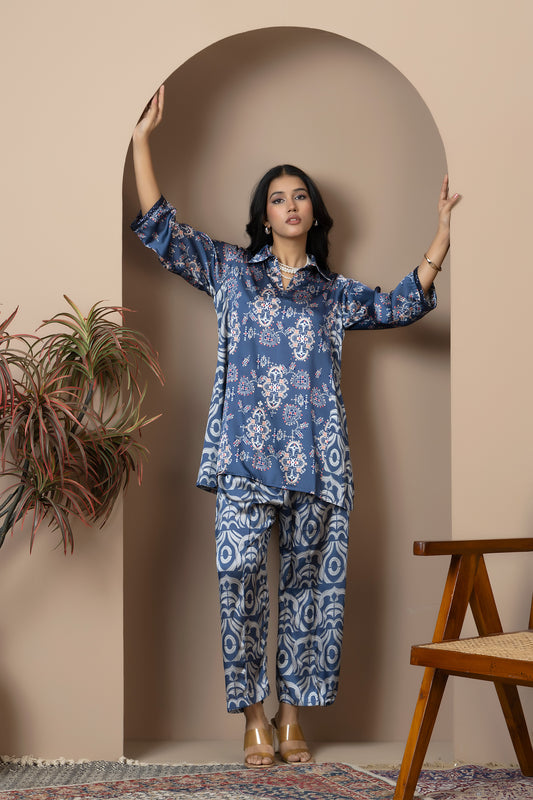 Azure Heritage Satin Silk Coord Set