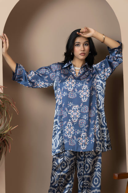 Azure Heritage Satin Silk Coord Set