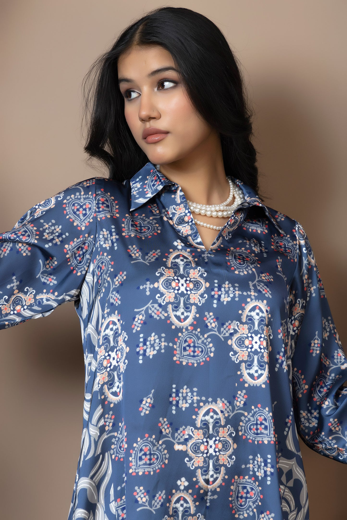 Azure Heritage Satin Silk Coord Set