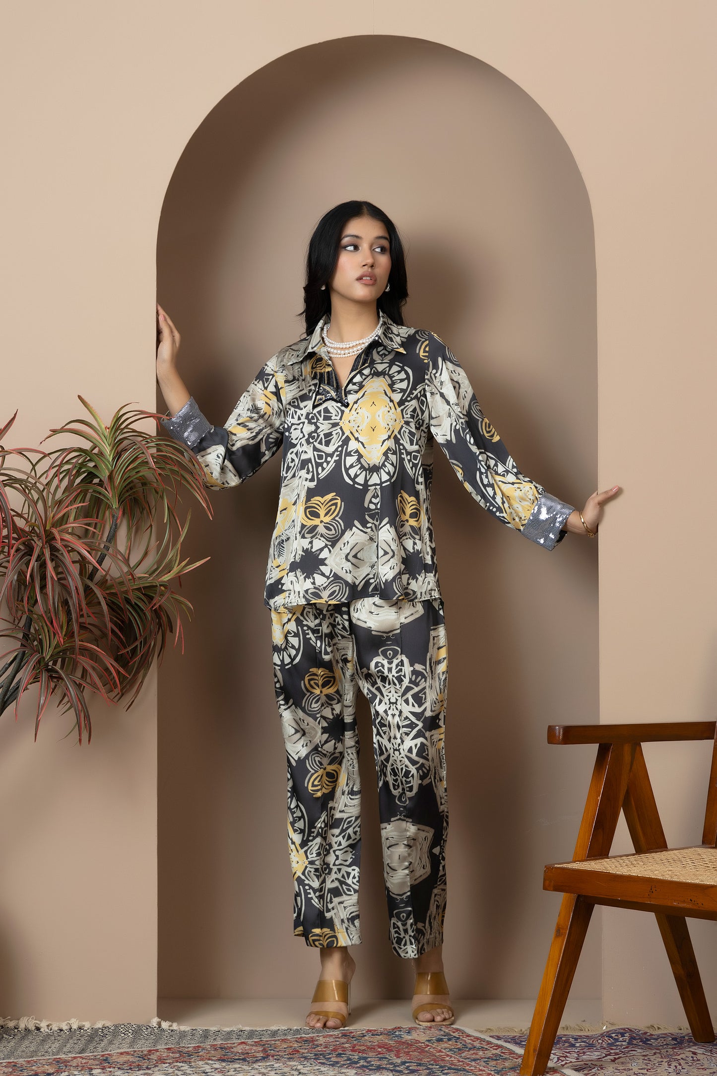Ochre Noir Satin Silk Coord Set