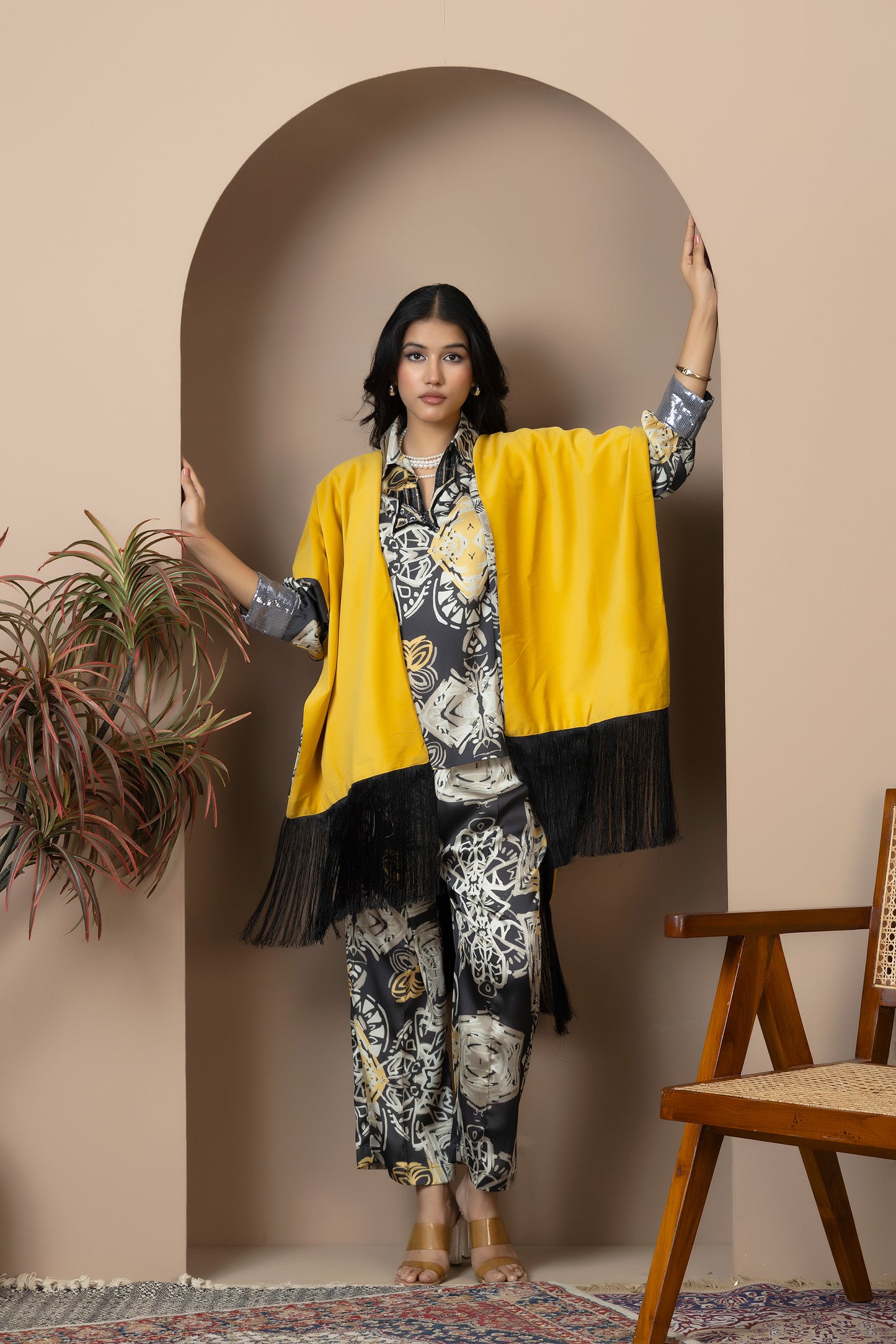 Ochre Noir Satin Silk Coord Set
