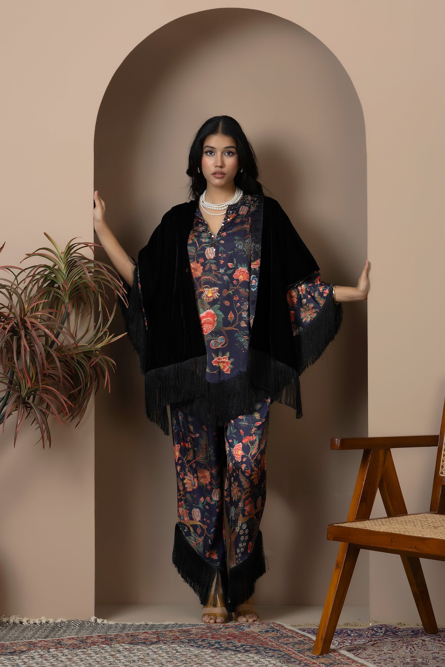 Midnight Bloom Satin Silk Coord Set