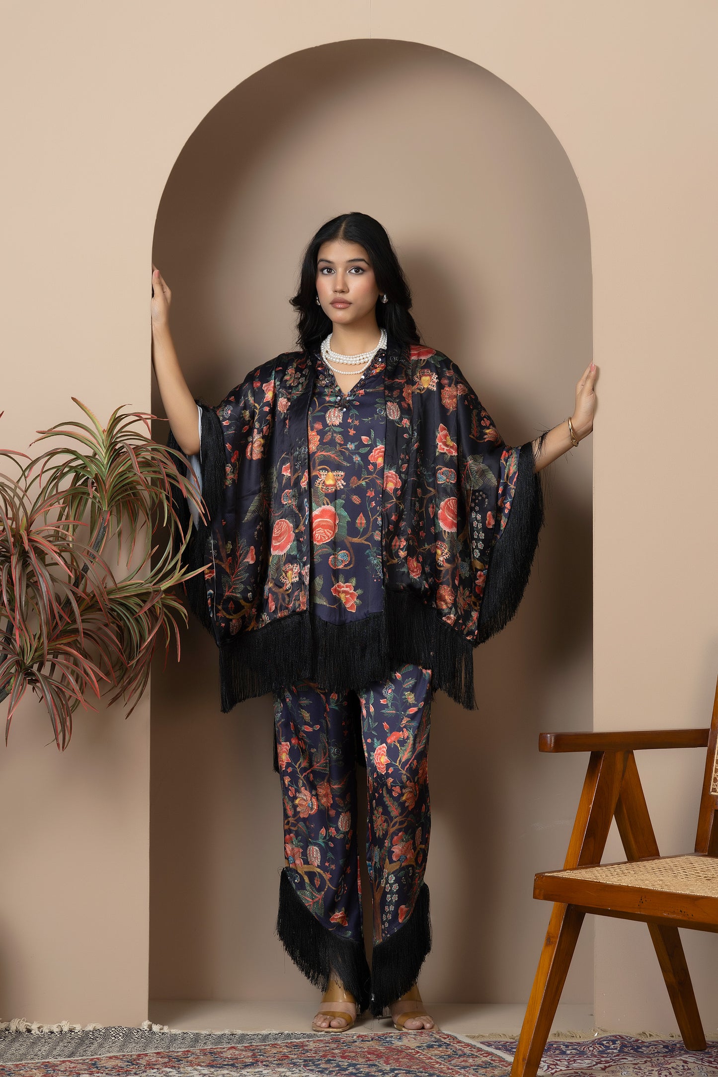 Midnight Bloom Satin Silk Coord Set